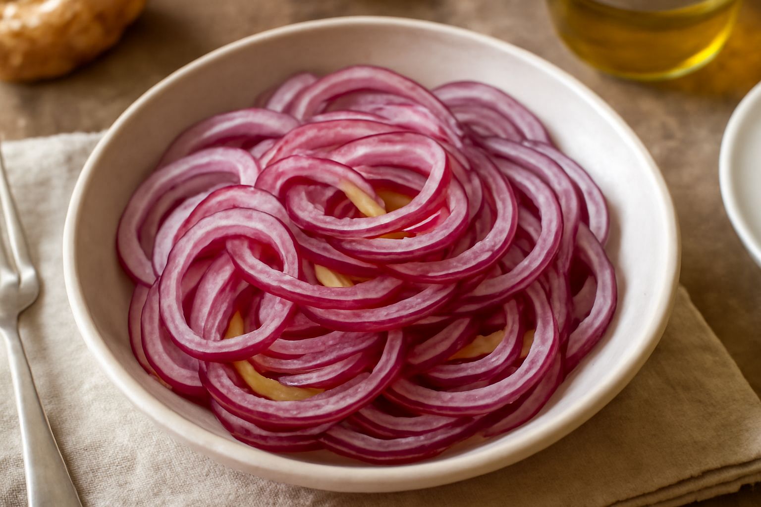 Insalata di cipolla rossa in ciotola bianca, cipolla tagliata a fette sottili color rosso scuro e viola, condita con olio d'oliva dorato, aceto trasparente, sale e prezzemolo fresco verde