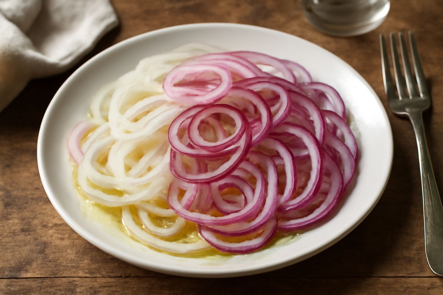 Insalata di cipolle in una ciotola bianca: cipolle rosse e bianche tagliate a fette sottili, trasparenti e lucide, condite con olio d'oliva dorato e qualche goccia di aceto scuro, coriandolo fresco ve
