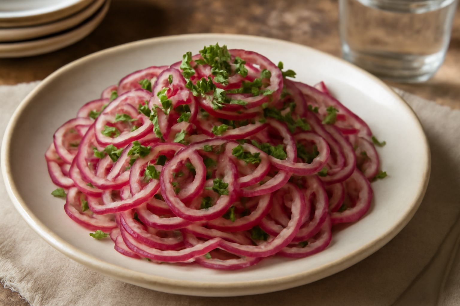 Insalata di cipolle rosse affettate finissime disposte in una ciotola di ceramica bianca, con anelli leggermente trasparenti rosso scuro e rosso chiaro, condite d'olio e aceto, foglie di prezzemolo fr