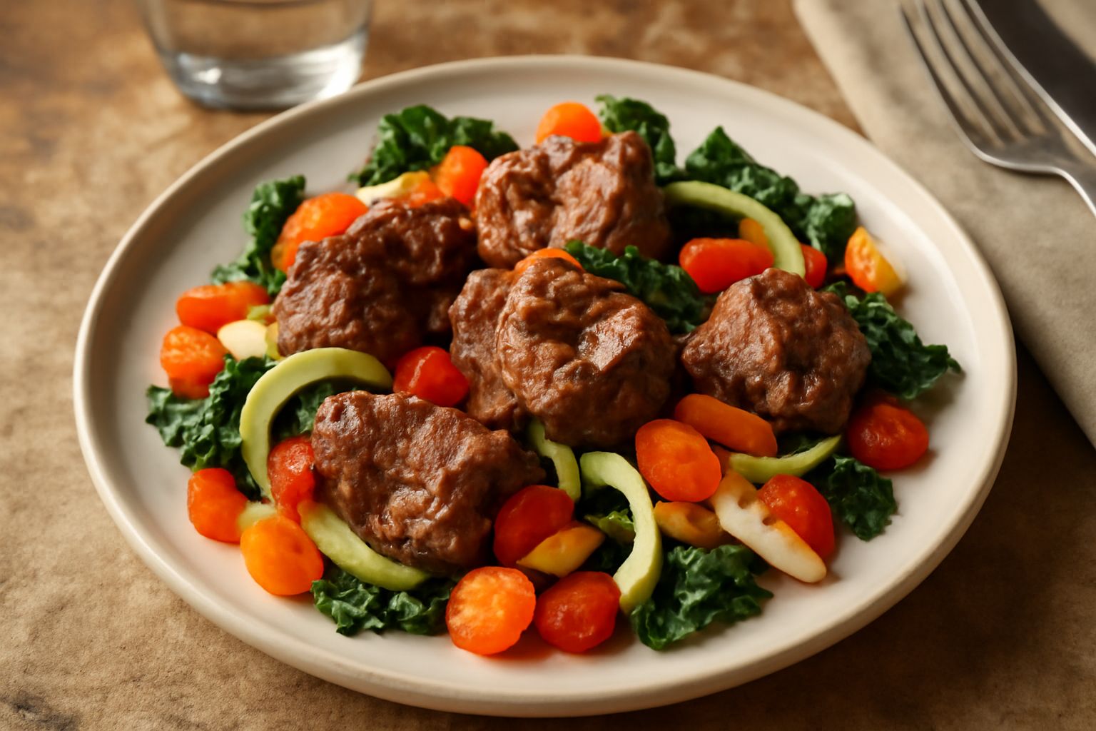 Insalata di coda di bue servita in piatto bianco: pezzi di carne rossastra morbida, sedano e carota affettati, pomodori rossi, cicoria verde, condimento lucido di olio