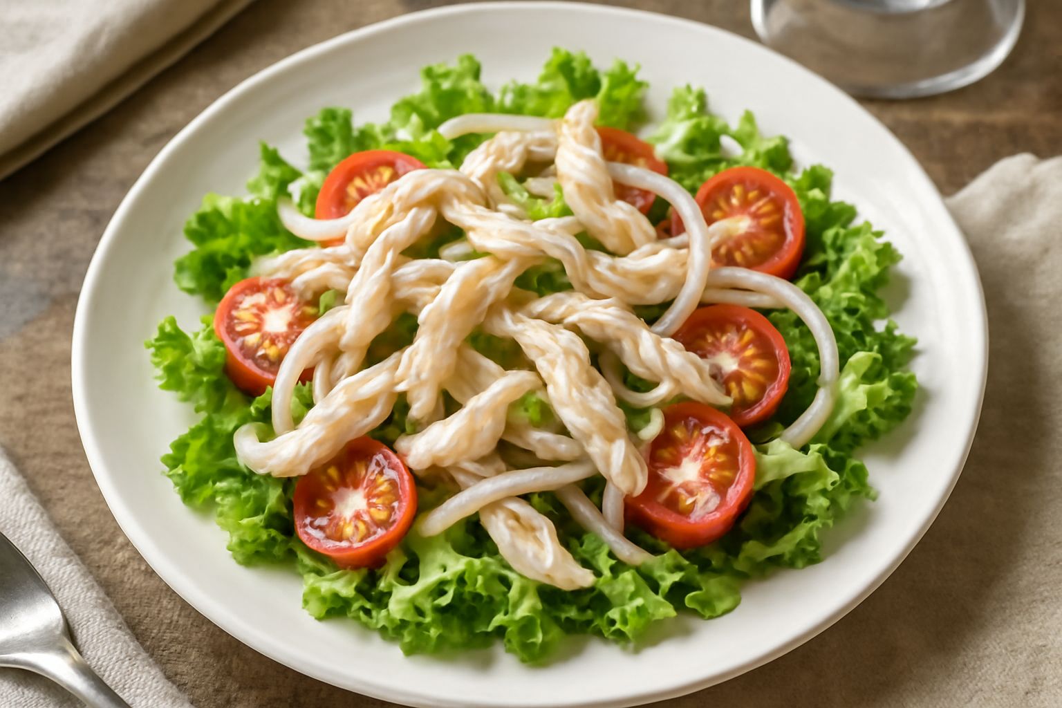 Insalata di coniglio servita in piatto bianco: strisce di carne bianca tenera, lettuga verde chiaro, pomodori rossi tagliati, cipolla bianca affettata sottile, olive nere, condimento lucido con olio e