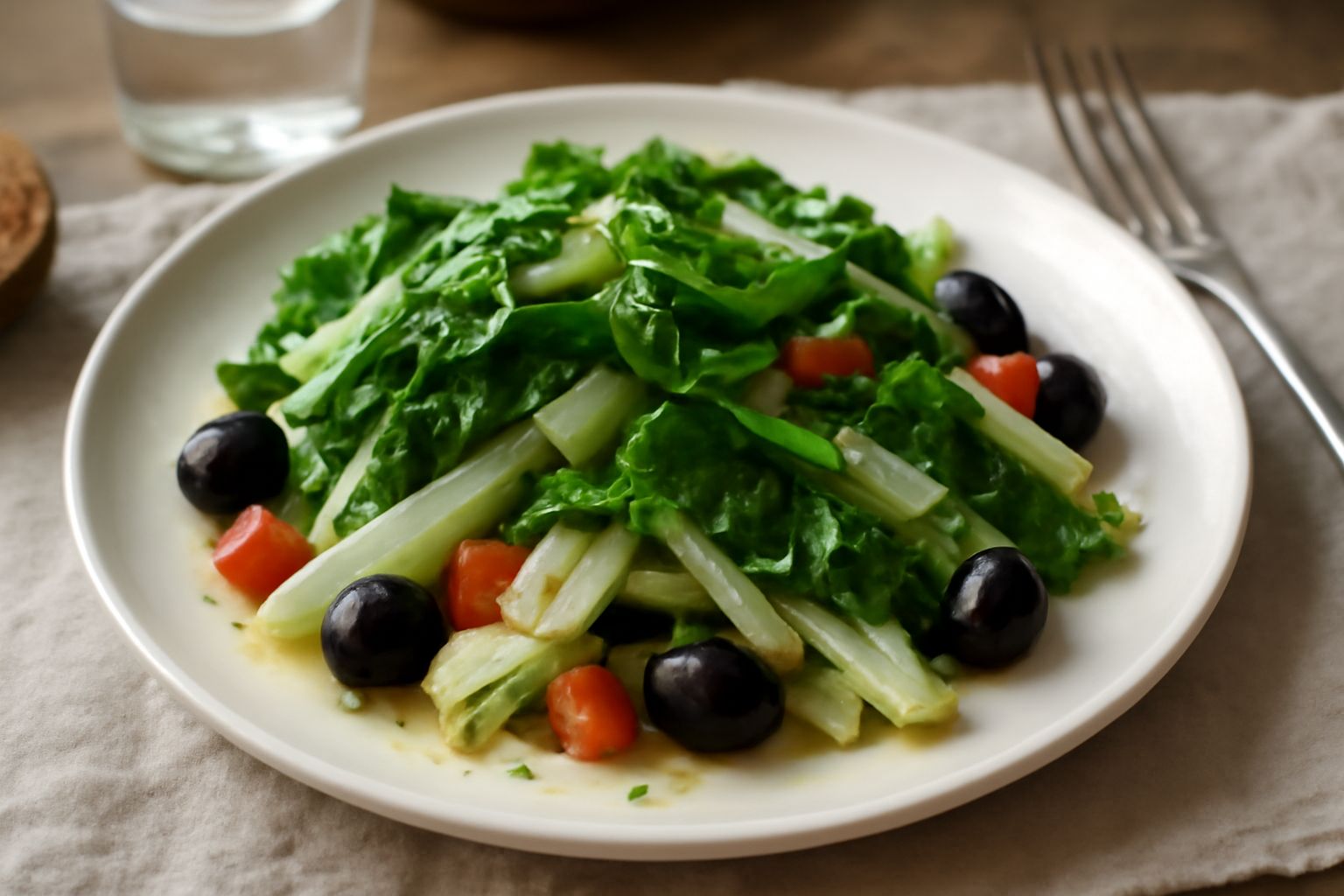 Insalata di coste a fette sottili in una ciotola bianca, con olive nere, pomodori rossi e un filo di olio dorato versato sopra. Foglie verdi luminose e steli bianchi ben definiti.
