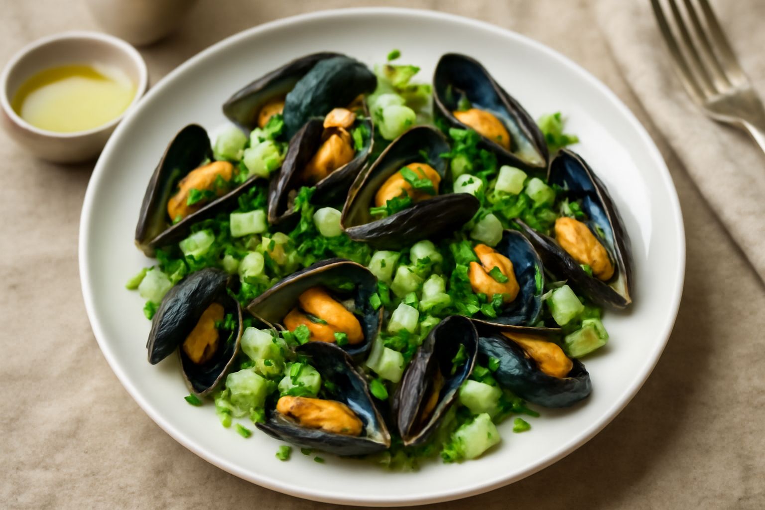 Insalata di cozze in piatto bianco con cozze nere aperte, sedano e prezzemolo verde, condita con olio e limone, sfondo chiaro e minimalista