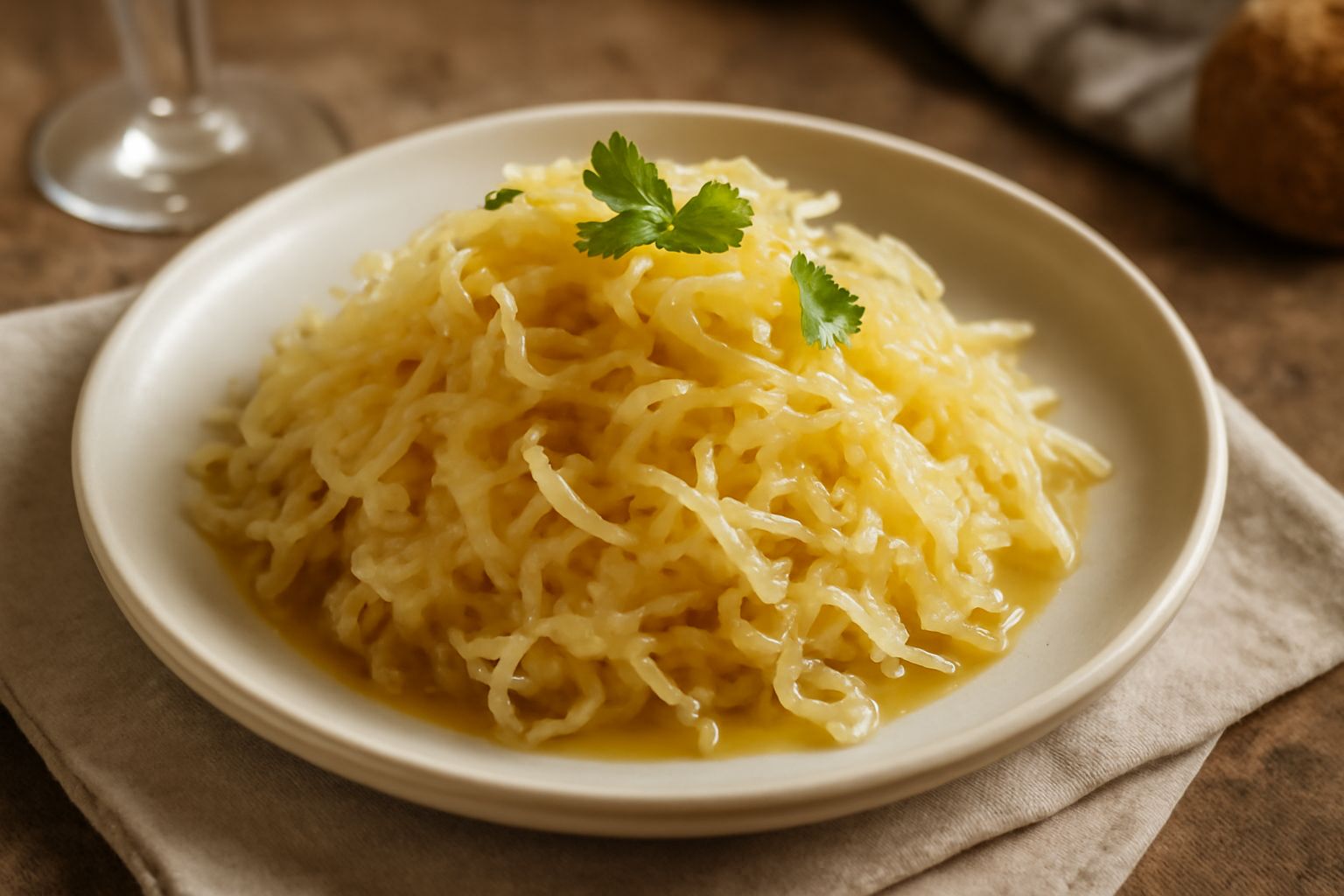 Insalata di crauti in una ciotola bianca: cavolo fermentato tagliato finemente color giallo-beige, condito con olio d'oliva lucido, semi di carvi, pepe nero e coriandolo, servito freddo