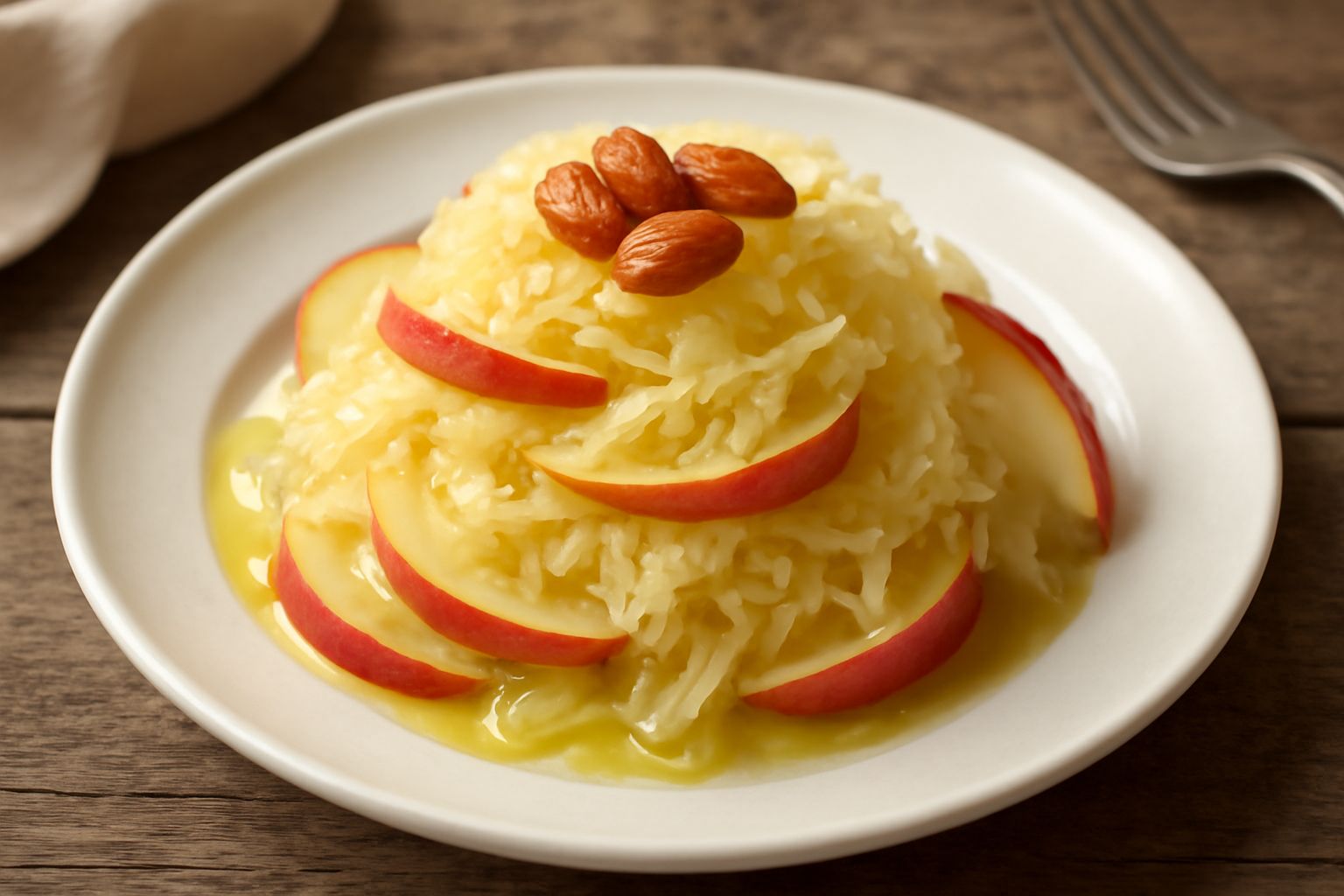 Piatto bianco con insalata di crauti giallastri, fettine di mela croccante e rosa, mandorle tostate, condita con un filo d'olio, su tavolo di legno chiaro