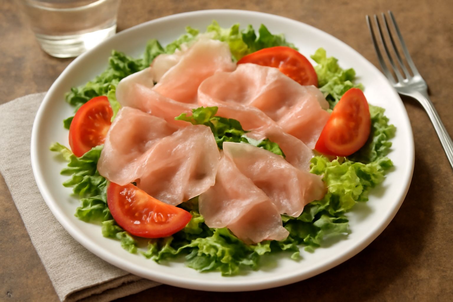 Insalata di culatello: fettine rosee di culatello disposte su rucola verde brillante, lattuga croccante e pomodori rossi, condita con olio d'oliva e sale, in un piatto bianco.
