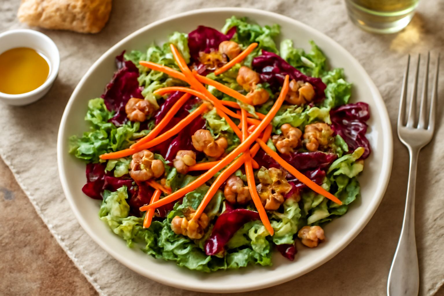 Insalata di Cuneo in ciotola bianca: lattuga verde, radicchio rosso intenso, carote arancioni affettate sottili, noci spezzate, condita con olio d'oliva dorato, su tavolo in legno chiaro con foglia di