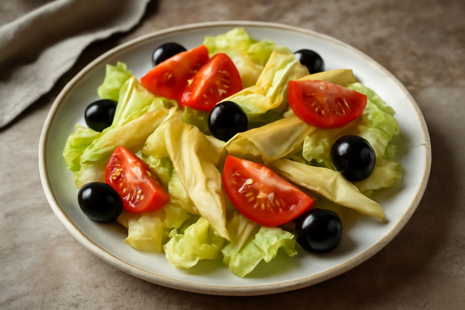 Insalata di cuore servita in una ciotola bianca: foglie di lattuga croccanti, cuori di carciofo teneri, pomodori rossi, olive nere e un filo di olio extravergine d'oliva