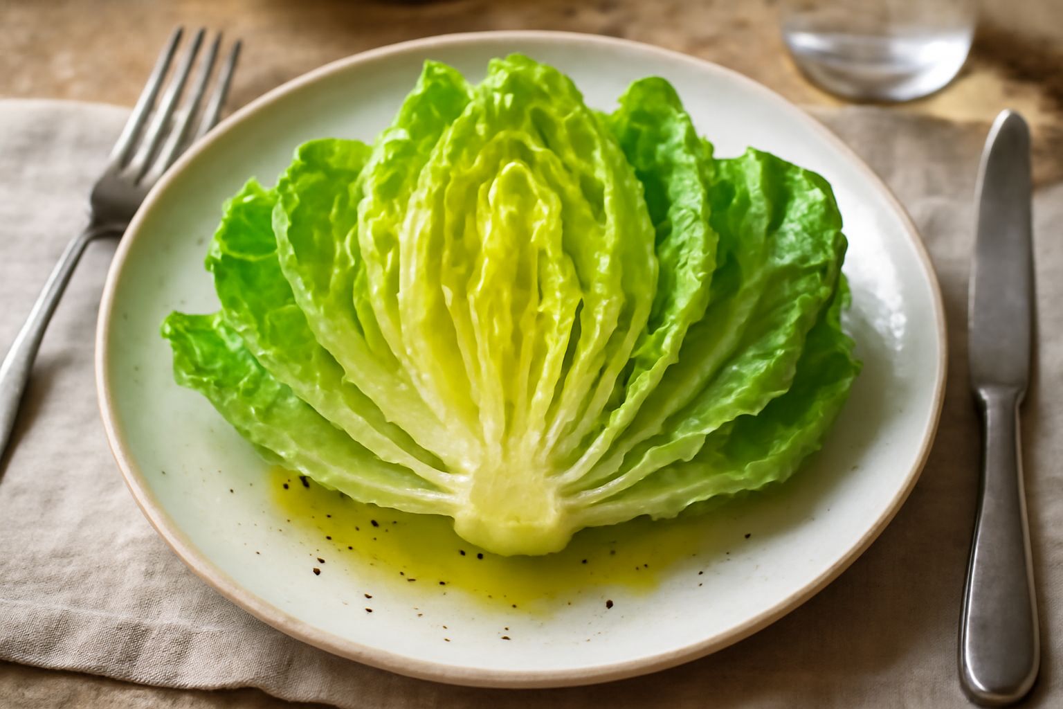 Insalata di cuore di lattuga verde chiaro in una ciotola bianca, foglie intere e croccanti, condita con olio dorato e gocce di limone fresco, un rametto di prezzemolo sulla superficie