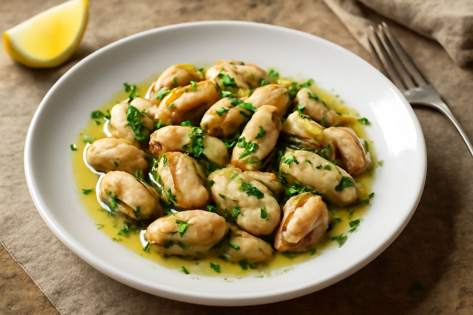 Insalata di datteri di mare in ciotola bianca, molluschi giallastri con contorni del mantello visibili, cosparsi di prezzemolo verde fresco, gocce di olio d'oliva lucido e fettine sottili di limone gi