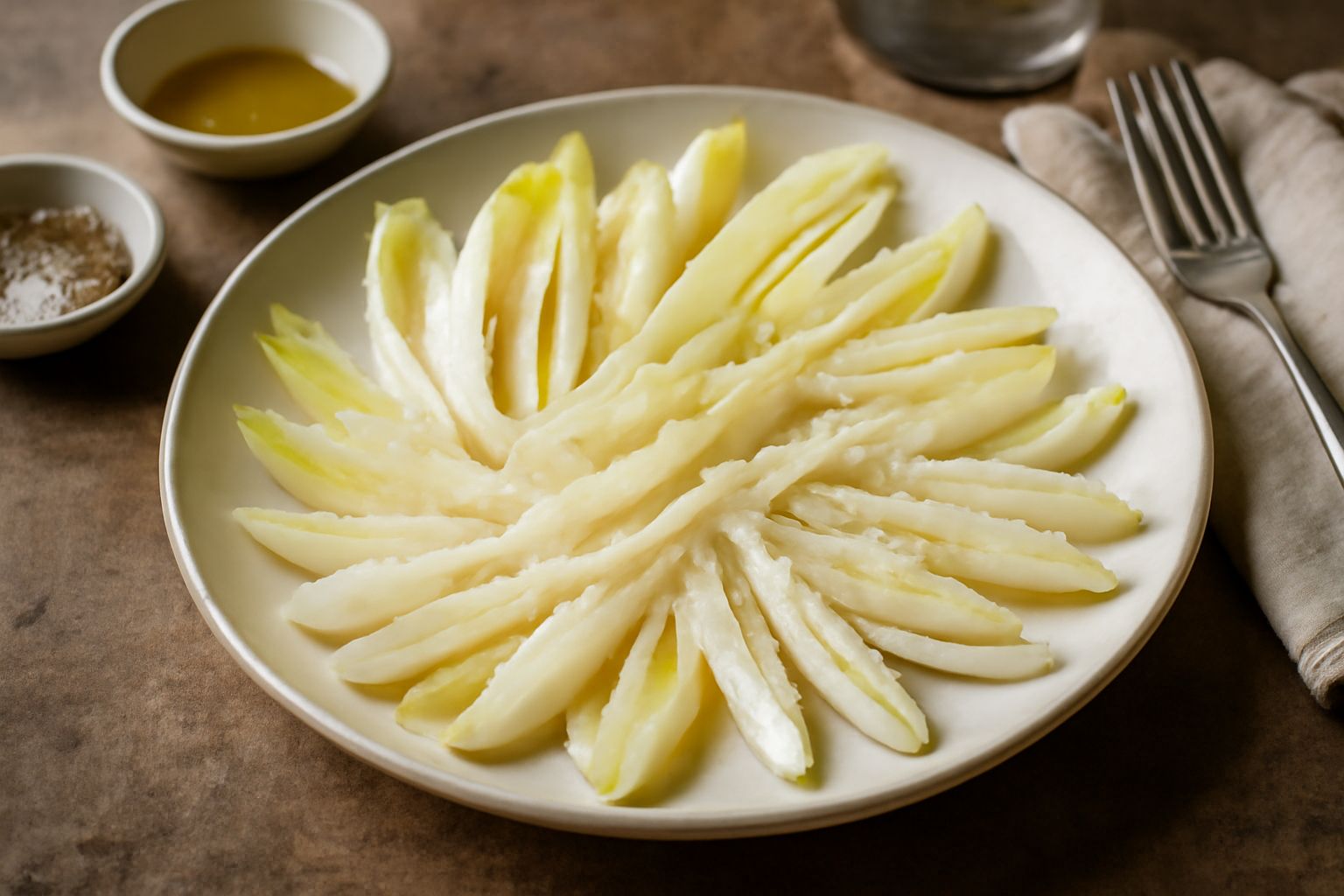 Insalata di endìvia belga servita in una ciotola bianca, foglie bianche e tenere disposte ordinatamente, condita con olio e limone, guarnita con noci tostate e melagrana
