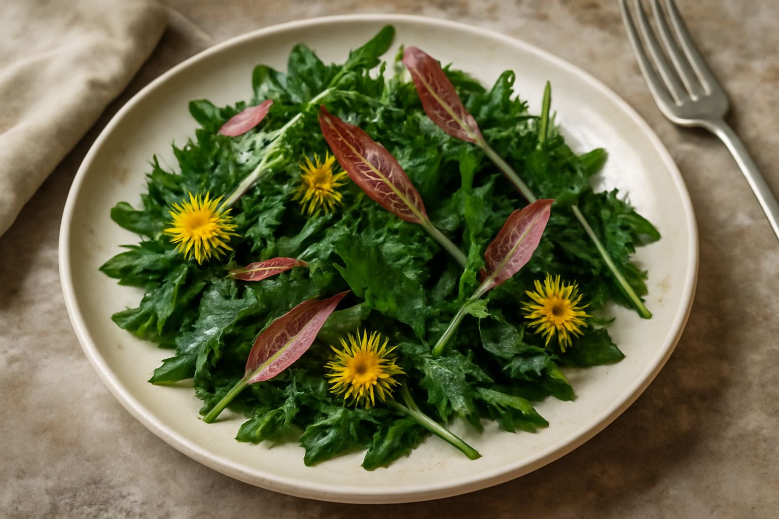 Insalata mista di erbe di prato in ciotola di ceramica bianca: foglie verde scuro di tarassaco e ortica, foglioline rosa di acetosa, petali gialli di dente di leone, condite con olio dorato, con limon