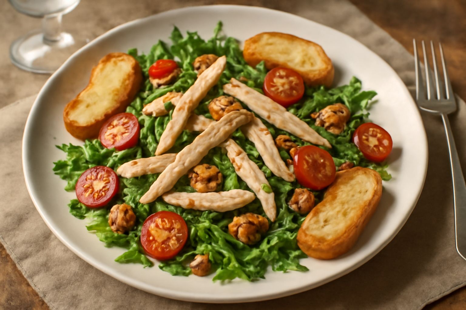Piatto bianco con insalata di fagiano: strisce di carne bianca, rucola verde, pomodorini rossi, crostini dorati, condimento lucido; sulla tavola di legno chiaro con bicchiere di acqua