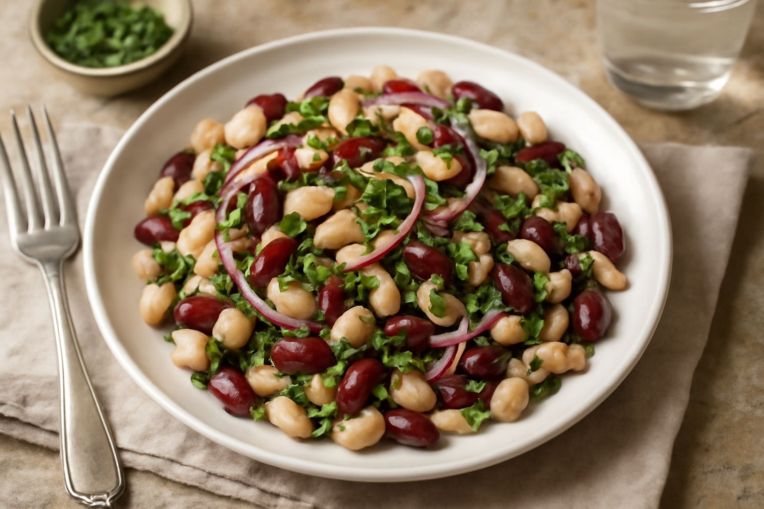 Insalata di fagioli in ciotola bianca: fagioli borlotti e cannellini cremosi, cipolla rossa sottile, prezzemolo verde brillante, condimento oleoso uniforme, foglie di prezzemolo fresco in superficie
