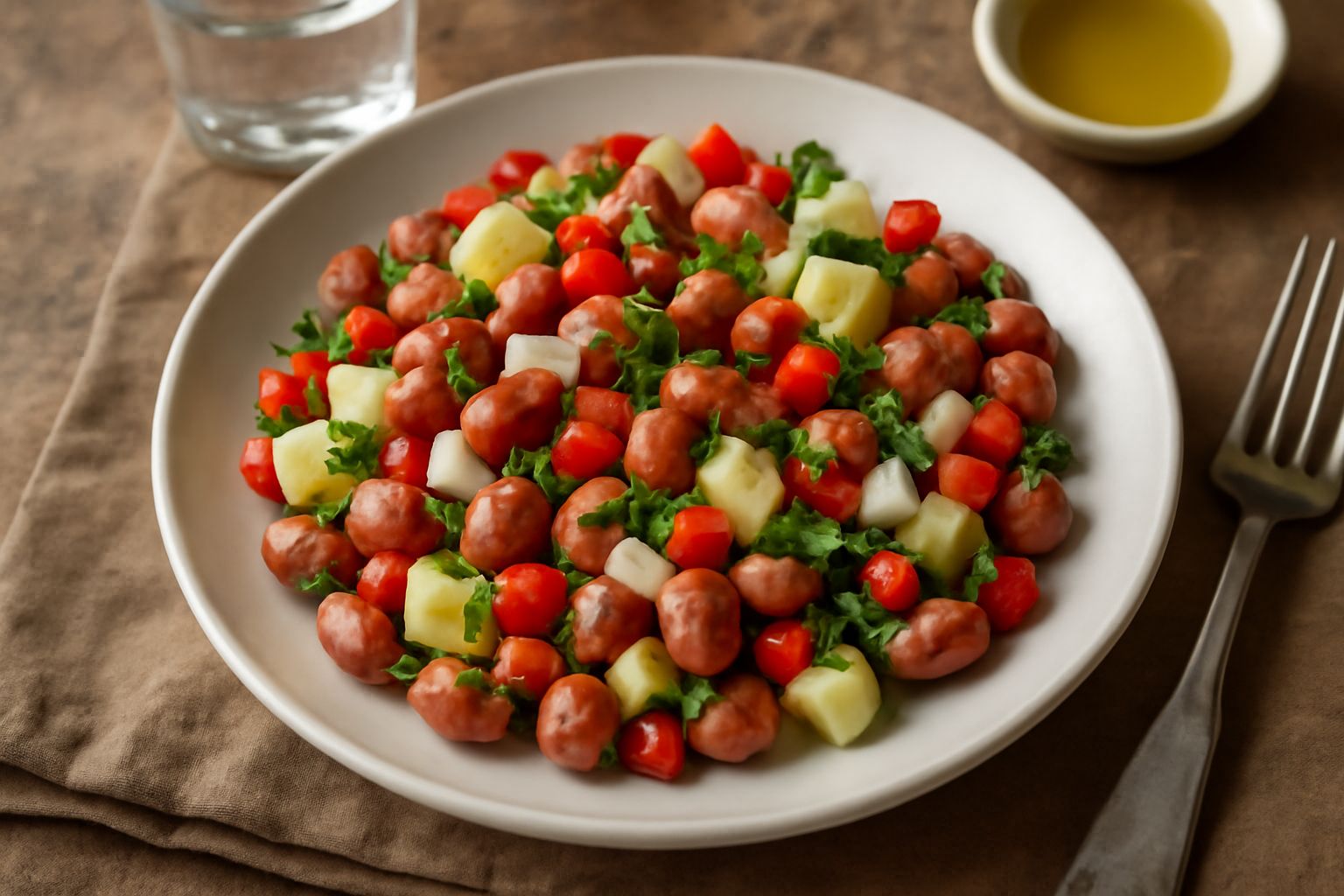 Insalata di fagioli borlotti rossi e cremosi in una ciotola bianca, conditi con verdure tagliate finemente, olio d'oliva brillante e prezzemolo fresco, su sfondo di legno naturale