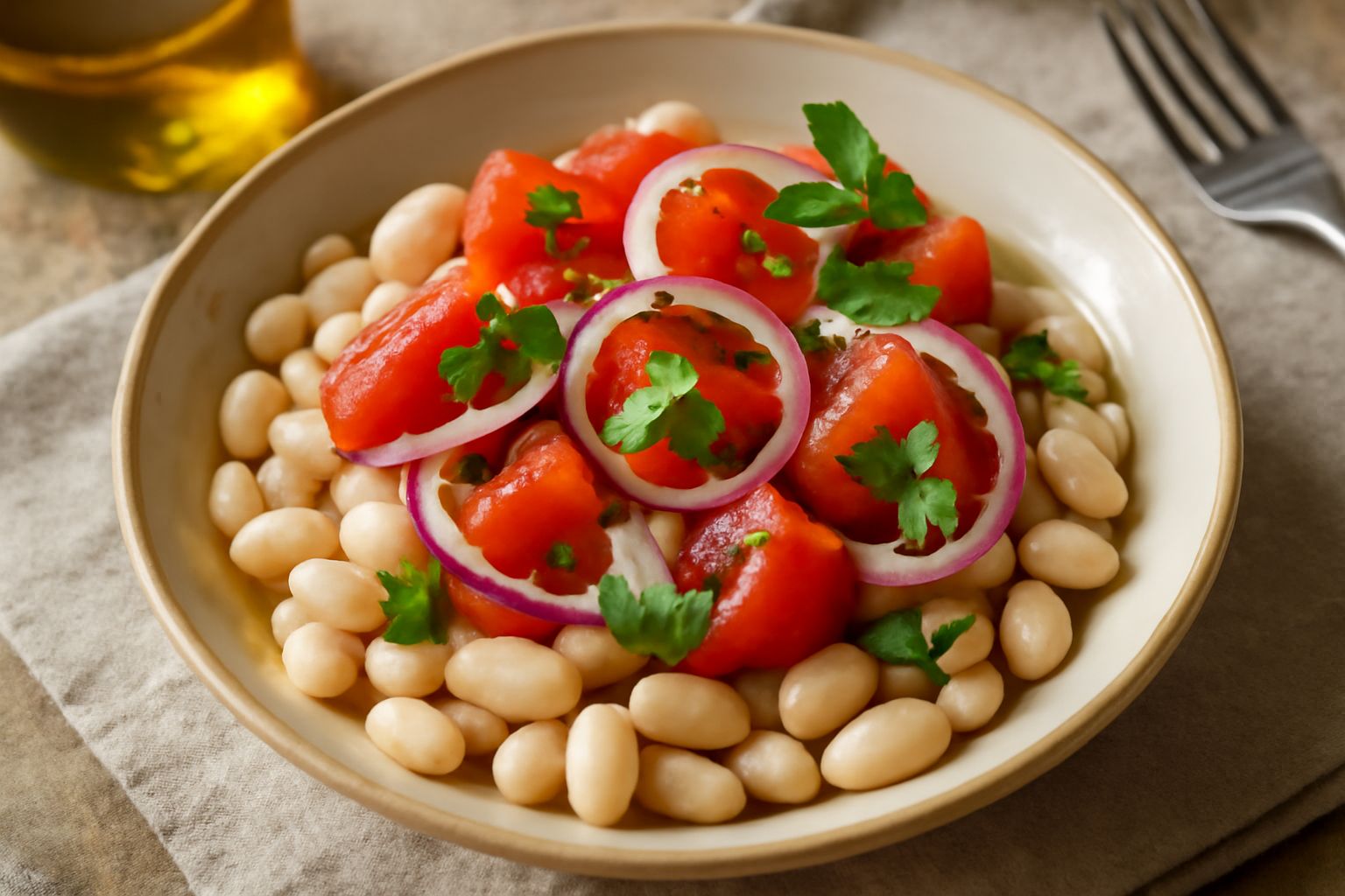 Ciotola di insalata di fagioli cannellini bianchi interi, con pezzi di pomodoro rosso, cipolla viola trasparente, prezzemolo fresco verde e filo di olio d'oliva che luccica, servita in piatto fondo bi