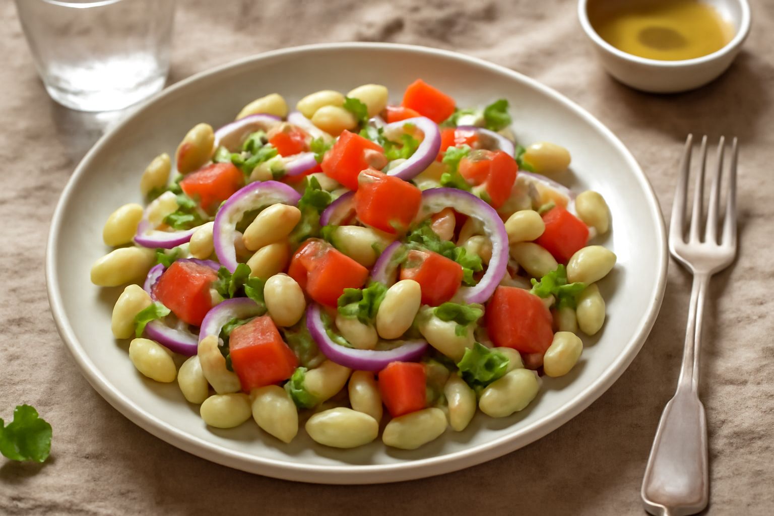 Insalata di fagioli freschi in un piatto bianco: fagioli verdi teneri accanto a pomodori rossi tagliati, cipolla rossa affettata sottile, prezzemolo verde fresco, conditi con olio dorato e brillante, 