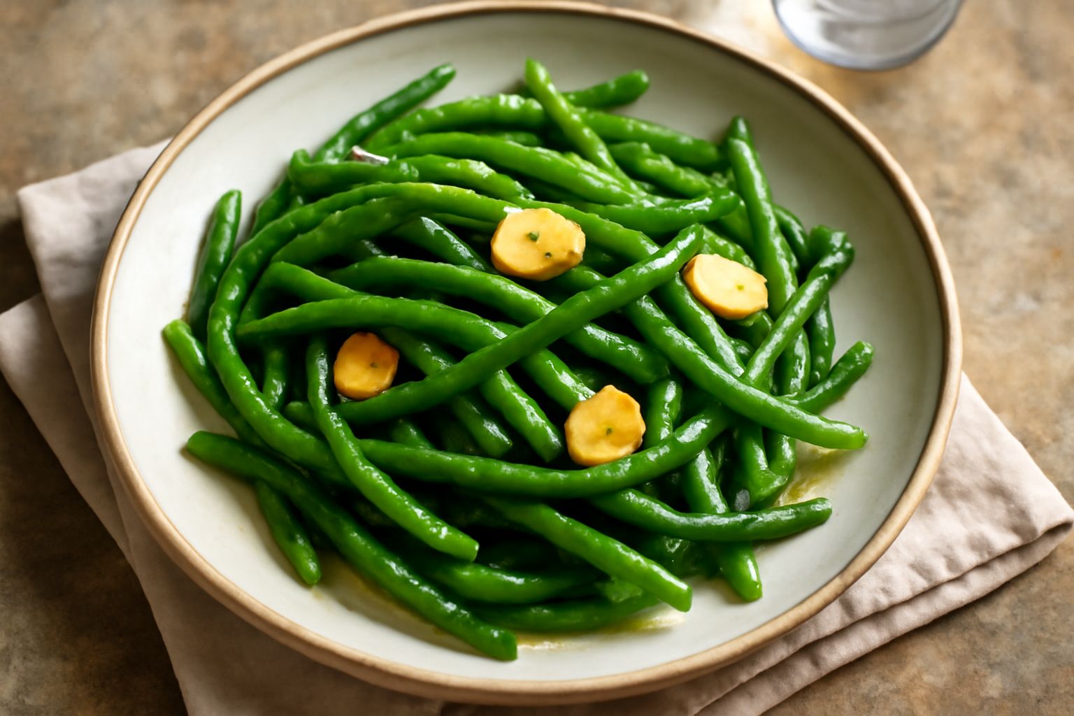 Insalata di fagiolini verdi brillanti su piatto bianco, con spicchi di aglio dorato, filetti di olio dorato sparsi in superficie e una manciata di pepe nero appena visibile