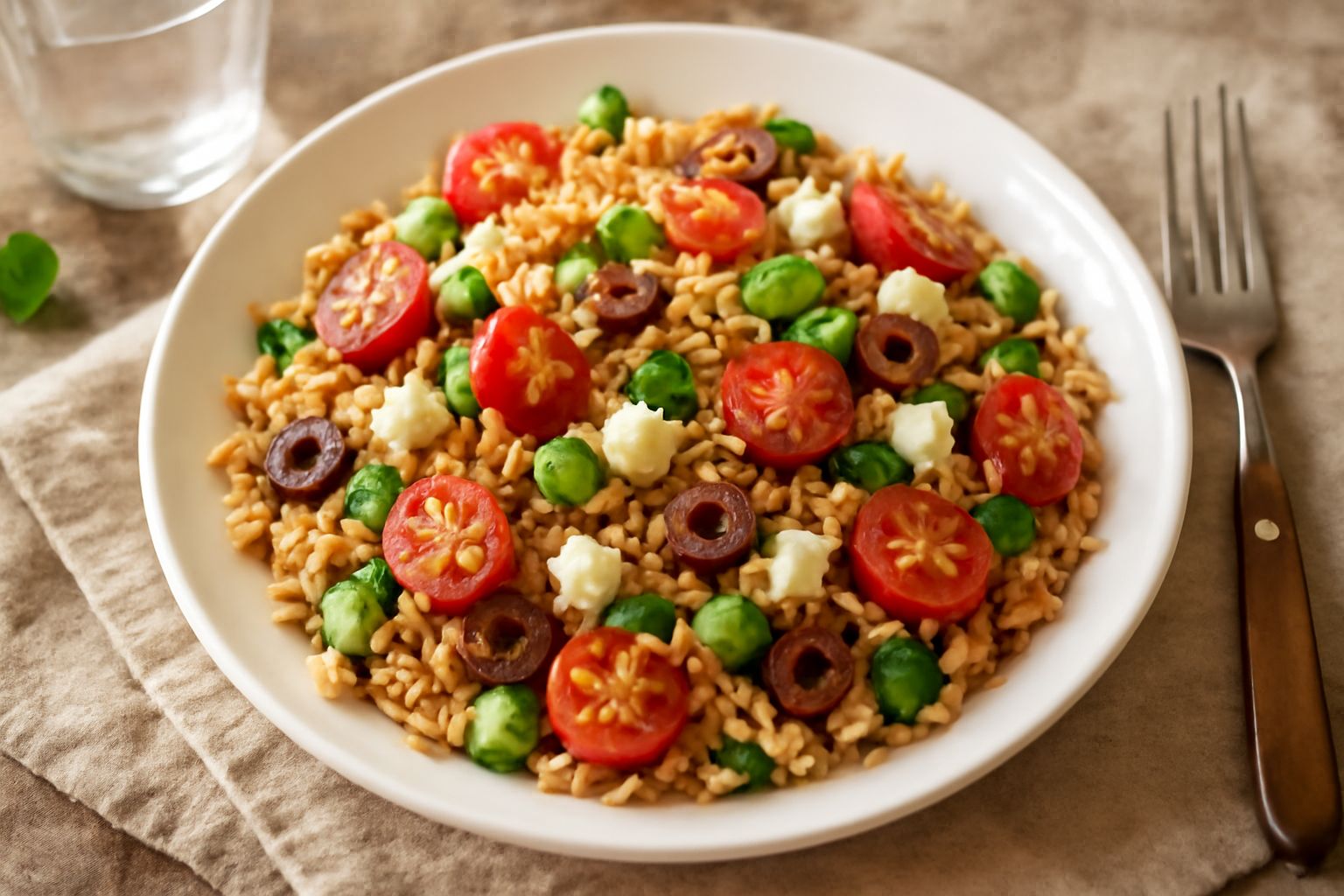 Insalata di farro in ciotola di vetro trasparente con pomodori rossi, cetriolo verde, peperoni gialli e foglie di prezzemolo fresco, condita con olio dorato