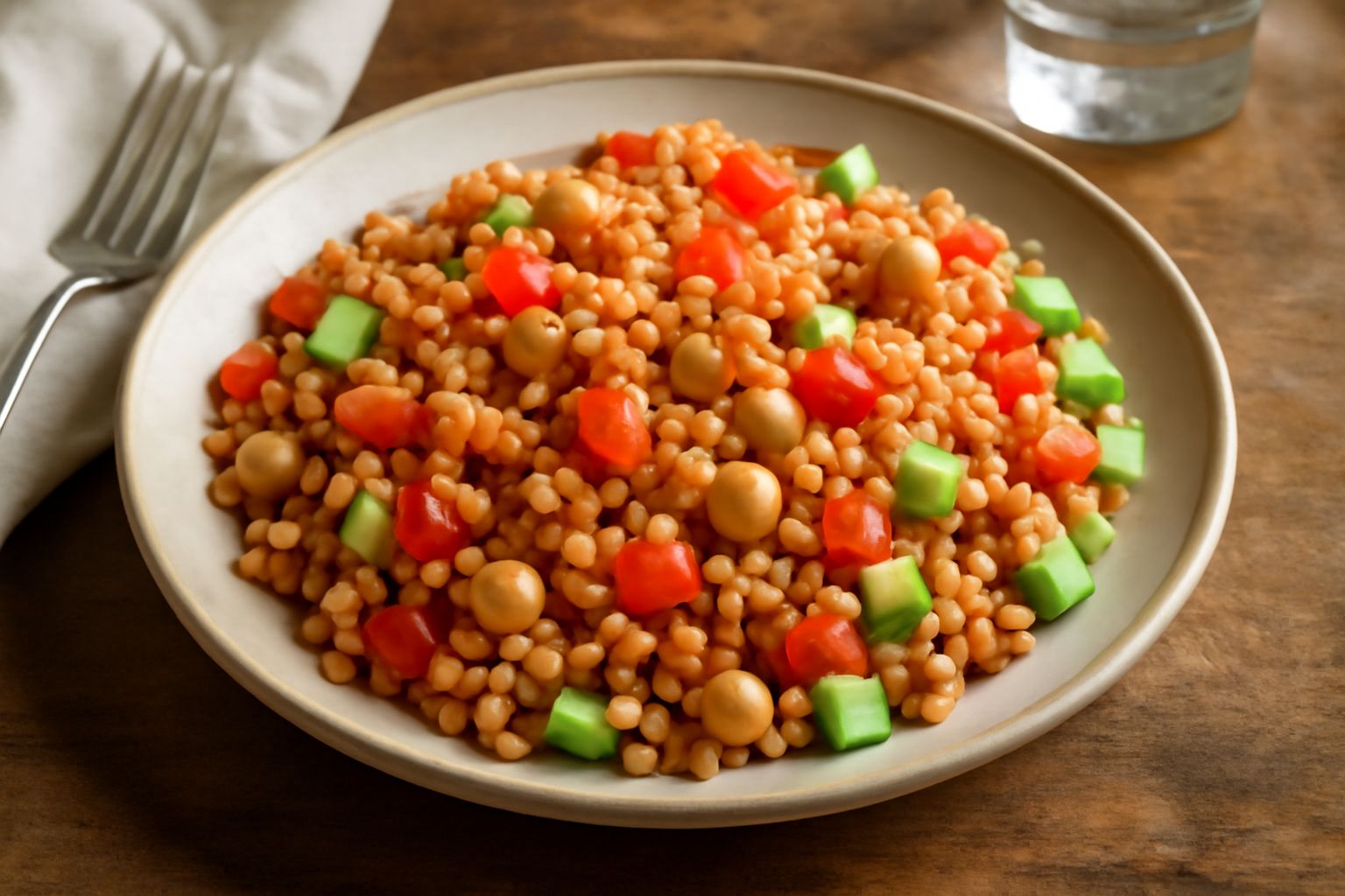Insalata di farro e legumi in una ciotola bianca, con farro dorato, ceci beige, lenticchie rosse, pomodori rossi, cetriolo verde e prezzemolo fresco. Condimento di olio dorato visibile sulla superfici
