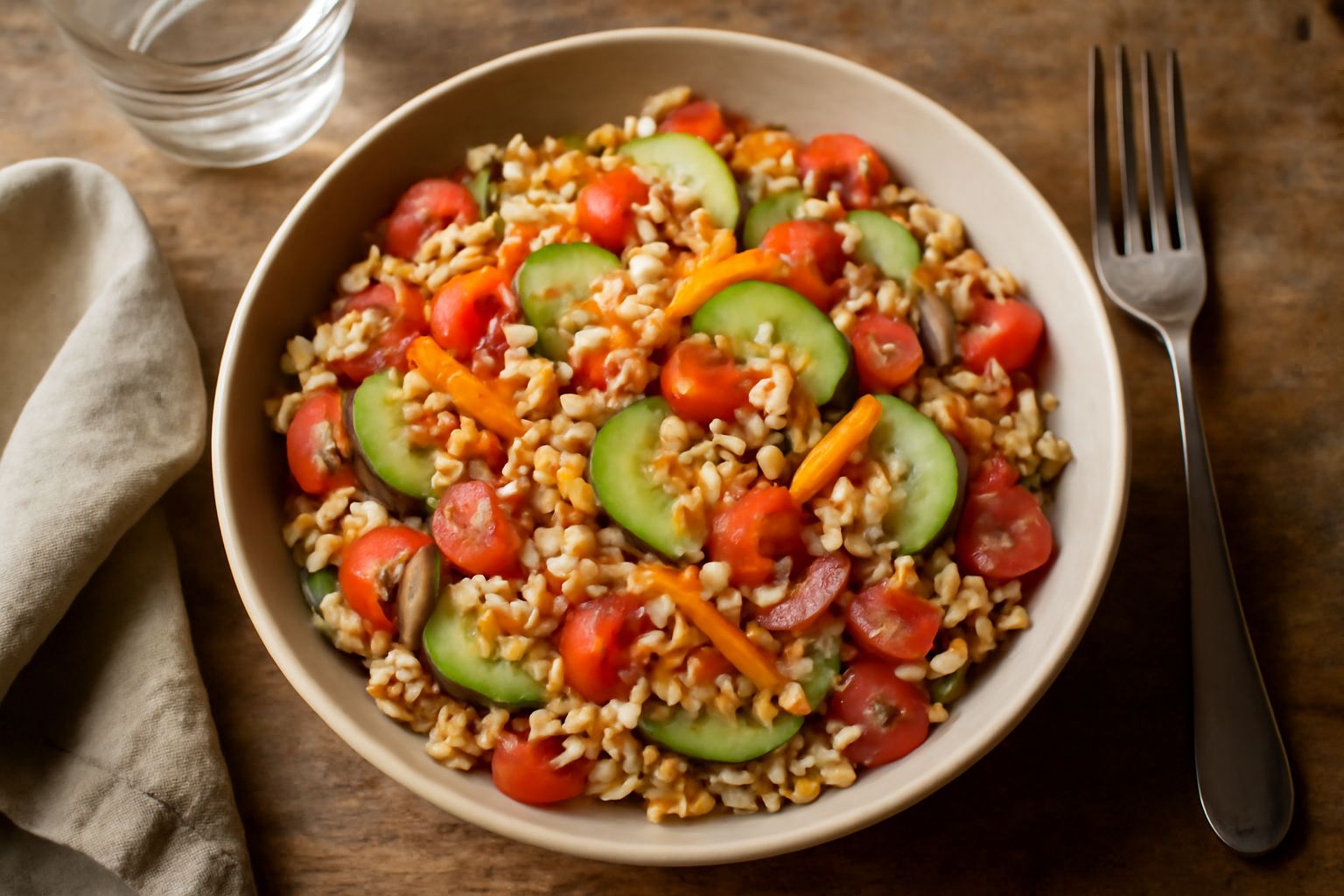 Insalata di farro in una ciotola bianca: chicchi di farro beige, pomodori rossi tagliati a dadini, cetrioli verdi, carote arancioni affettate sottili, cipolla rossa, basilico fresco. Condimento opales