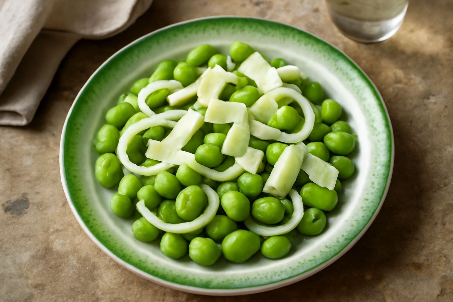 Insalata di fave in un piatto bianco fondo: fave verdi brillanti, petali di cipolla rosa pallido, scaglie bianche di pecorino romano, gocce di olio extravergine dorato, foglie di menta fresca sparse, 