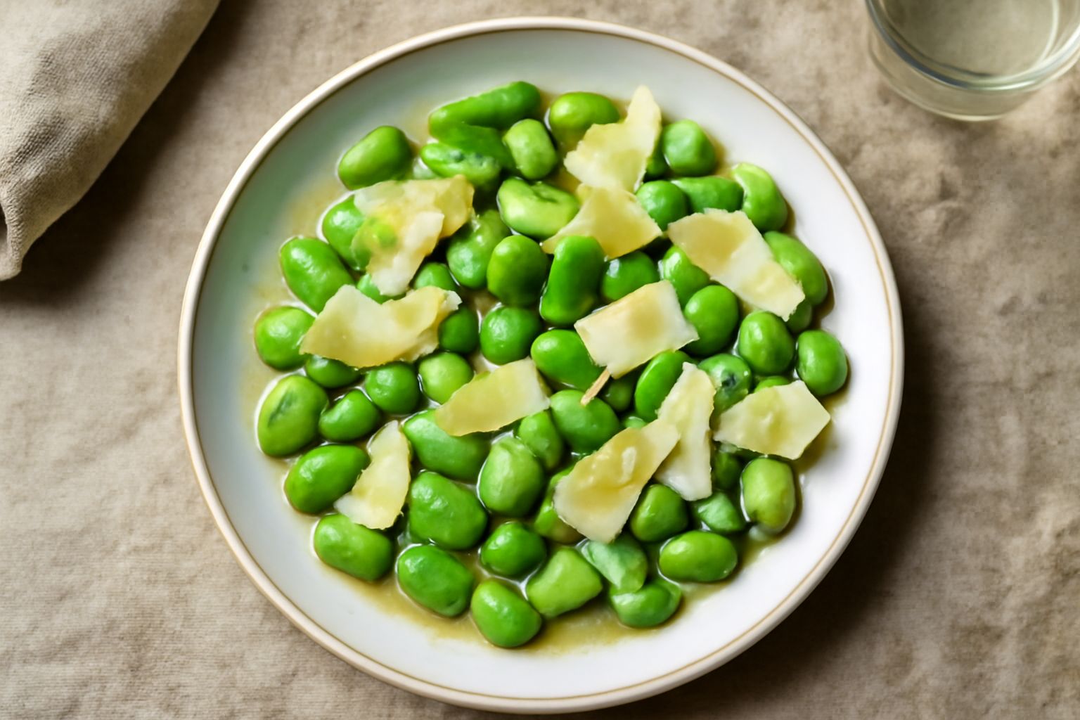 Insalata di fave crude servita in piatto bianco: fave verde brillante sbucciate, scaglie dorate di pecorino, gocce di olio verde oliva, fette di limone giallo, tutto sparso su un letto di fave intere 