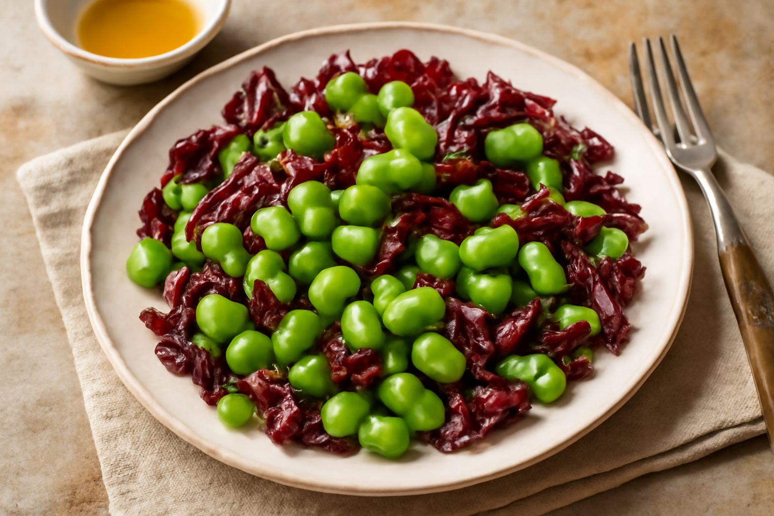 Insalata di fave verdi tenere e cicoria rossa ammucchiata in un piatto bianco, condita con olio d'oliva e limone, con foglie di cicoria visibilmente croccanti