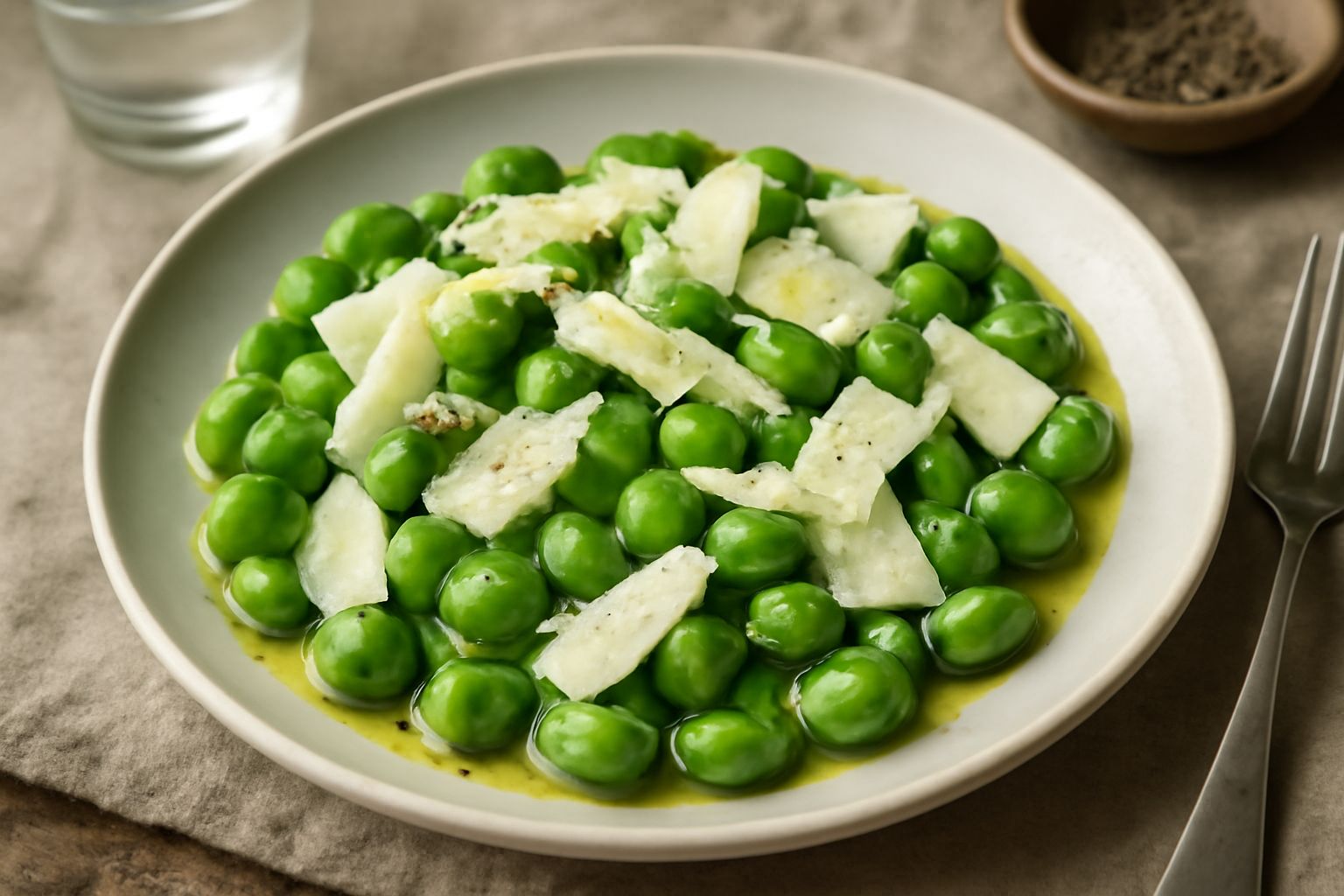 Insalata di fave verdi brillanti con scaglie di pecorino bianco cremoso, su un piatto bianco, condita con olio dorato e pepe nero, buccia di limone grattugiata in superficie