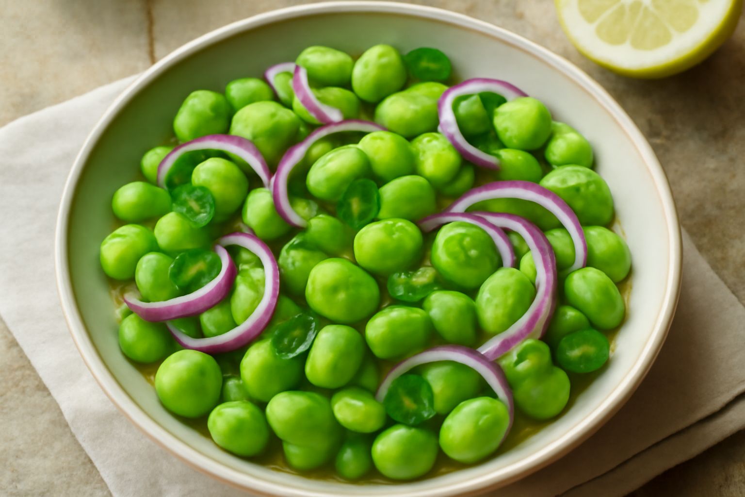 Insalata di fave fresche sgusciate in una ciotola bianca, con fave verdi brillanti, cipolla rossa affettata sottile, mentuccia verde e un giro di olio giallo oro, servita con limone affettato a lato