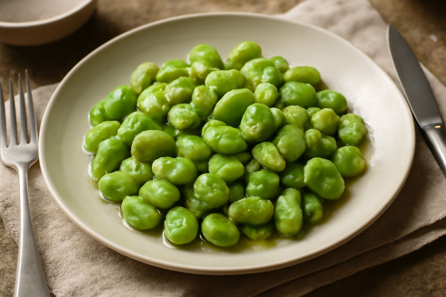 Piatto bianco con insalata di fave verdi chiare appena sgusciate, sparse in modo naturale, condite con olio lucido, fette sottili di limone giallo e foglie di menta verde fresca, guarnizione minima e 