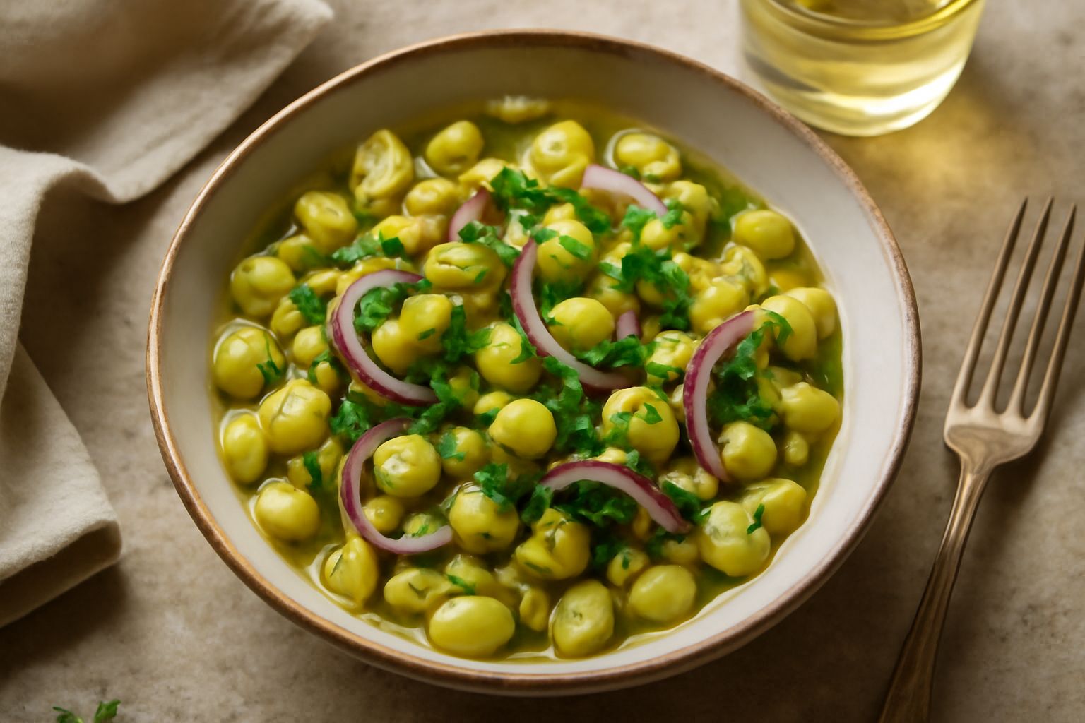 Insalata di fave secche giallo-verde in ciotola bianca, con cipolla rossa a fette, prezzemolo fresco, gocce di olio d'oliva e limone spicchi sul lato