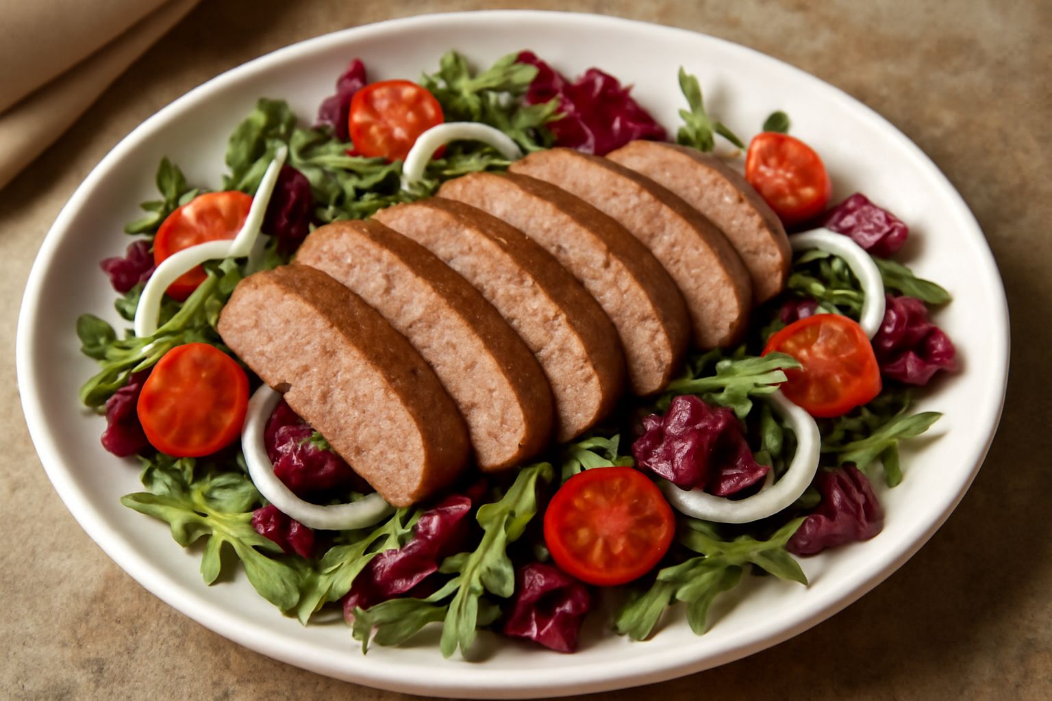 Insalata di fegato servita in piatto bianco: fette di fegato di vitello rosato al centro, contornate da rucola verde scuro, radicchio rosso, cipolla bianca affettata e pomodorini; condimento trasparen