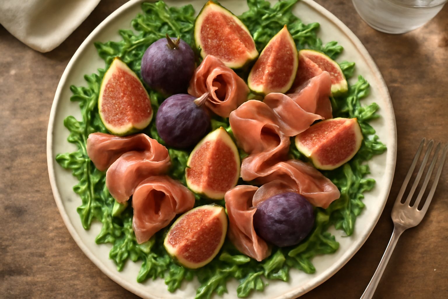 Insalata in piatto bianco con fichi interi color viola-marrone disposti accanto a fette di prosciutto crudo rosa pallido, rucola verde, burrata bianca cremosa, aceto balsamico scuro lucido a filo, bas
