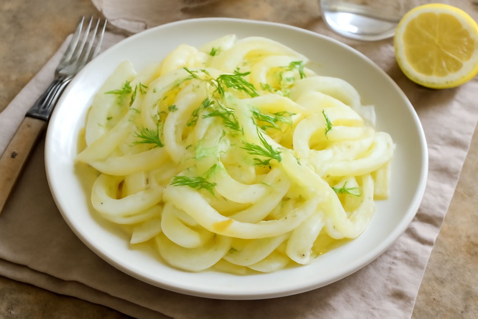 Insalata di finocchi affettati sottili e bianchi in un piatto bianco, condita con olio d'oliva, limone giallo e sale grosso, con qualche foglia verde di finocchio fresca come guarnizione