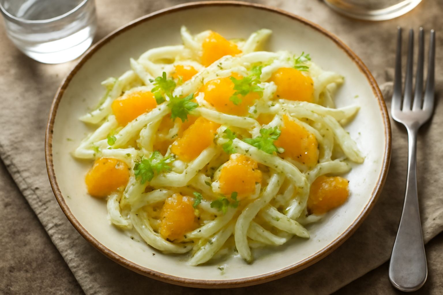 Finocchio bianco affettato sottilmente in insalata con limone, olio d'oliva e sale grosso in una ciotola di ceramica bianca, ripresa dall'alto con luce naturale