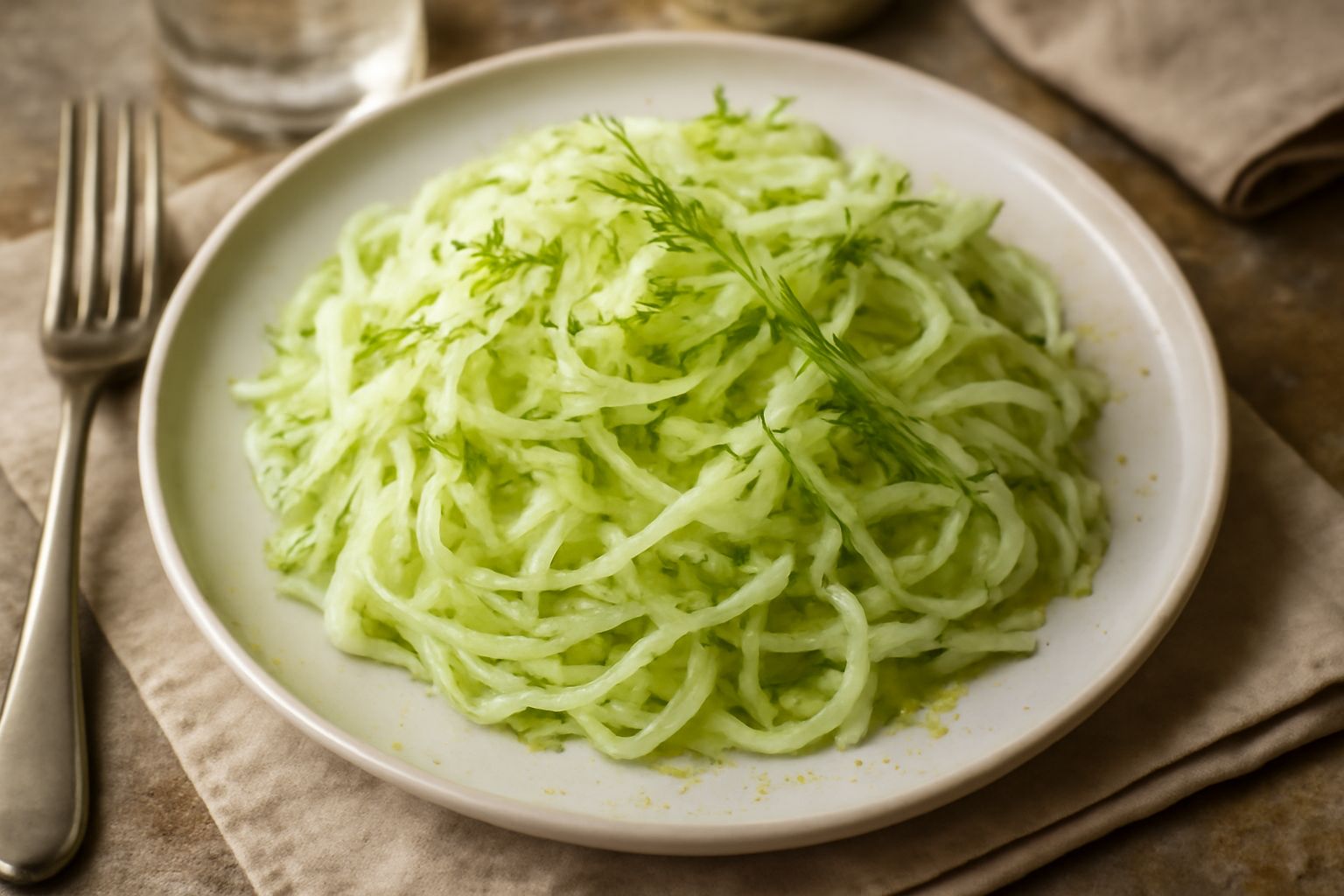Insalata di finocchio selvatico bianco e verde chiaro servita in piatto bianco, tagliato finissimo, con gocce di limone giallo e filo di olio lucido, guarnito con mandorle a scaglie e un pizzico di sa