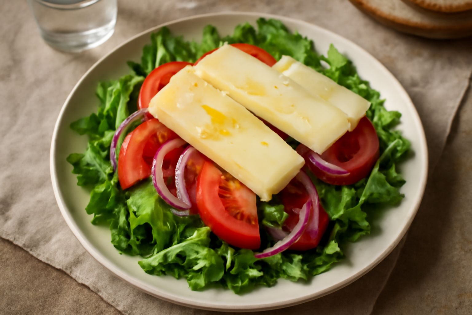 Insalata mista in ciotola bianca con lattuga verde, rucola, pomodori rossi tagliati, fontina bianca a fette, cipolla rossa sottile, condita con olio d'oliva e sale, servita su tavolo di legno