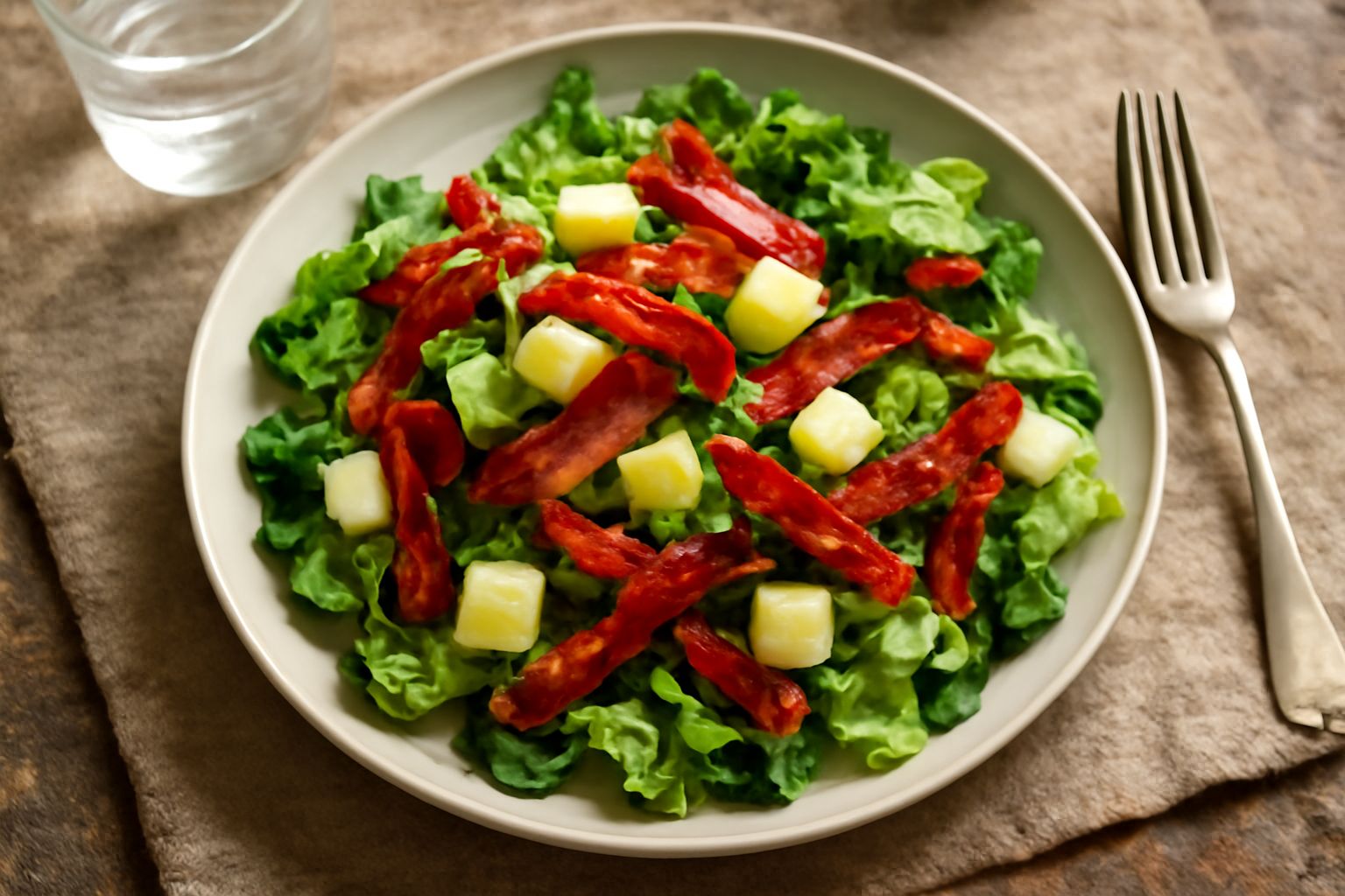 Insalata con foglie verdi miste, cubetti di formaggio bianco, strisce di speck rosso scuro arrostito e noci brune in un piatto bianco. Dressing trasparente sulle verdure.