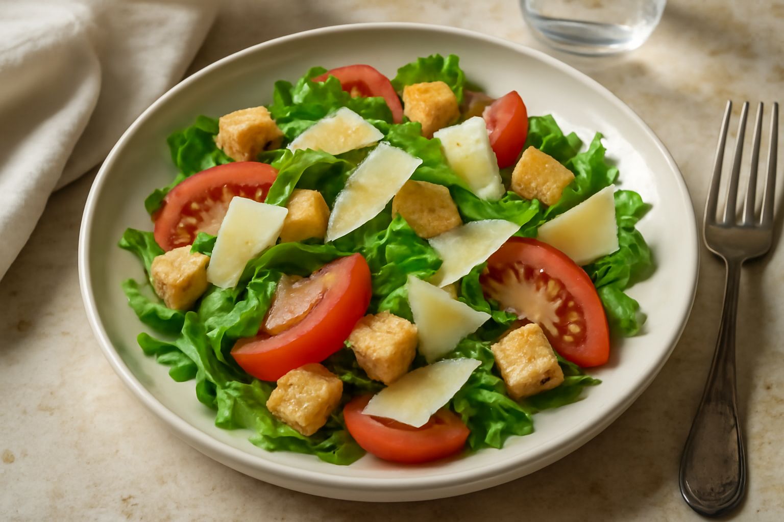 Insalata mista verde e bianca in ciotola bianca, con scaglie gialle di pecorino, pomodori rossi, cetrioli verdi, croutons dorati e vinaigrette, illuminata da luce naturale