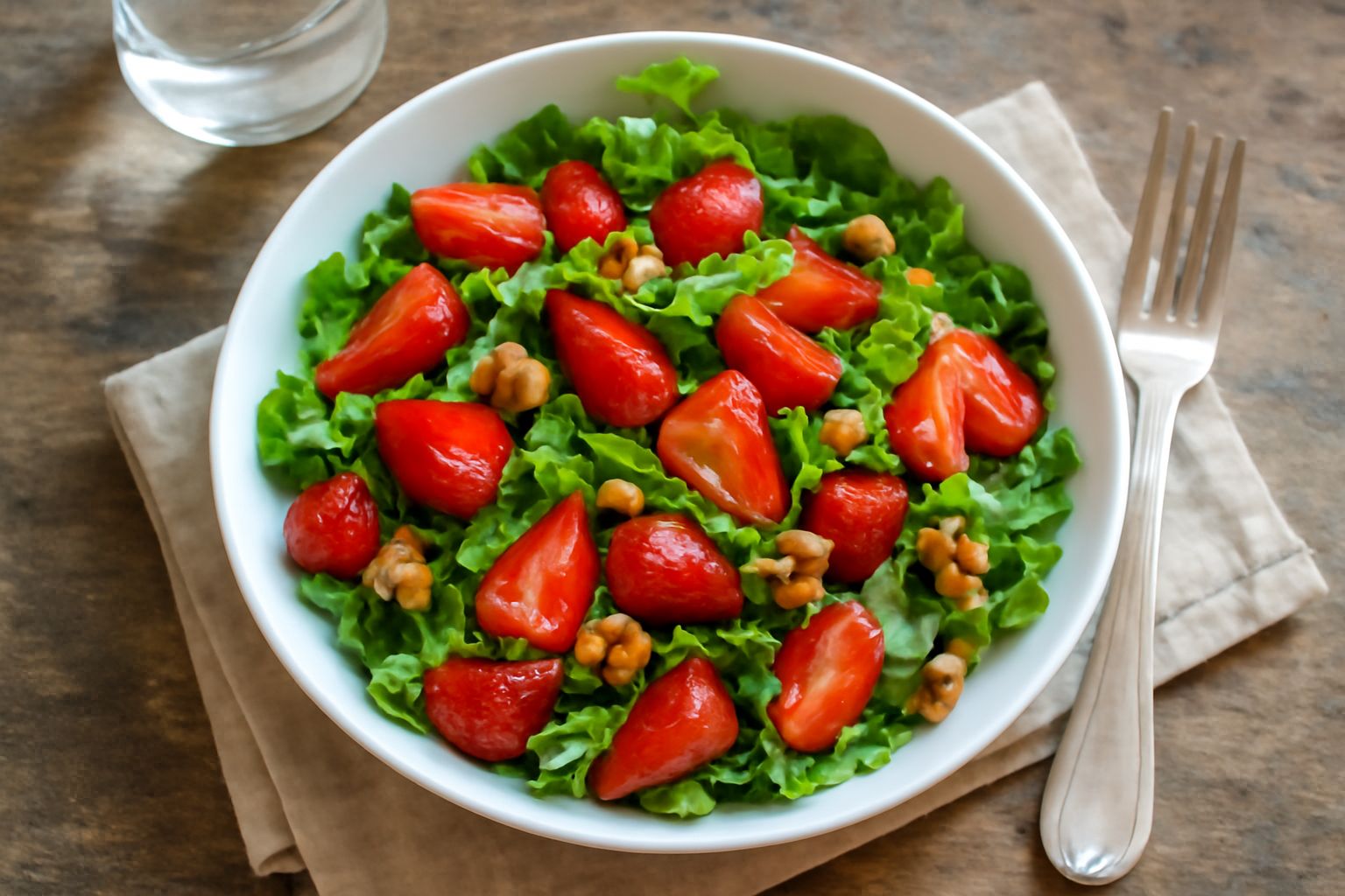 Insalata di fragole in un piatto bianco. Fragole rosse tagliate a metà, rucola fresca verde, lattuga, noci tostate, tutto mischiato in olio d'oliva dorato, con basilico fresco in cima e aceto balsamic