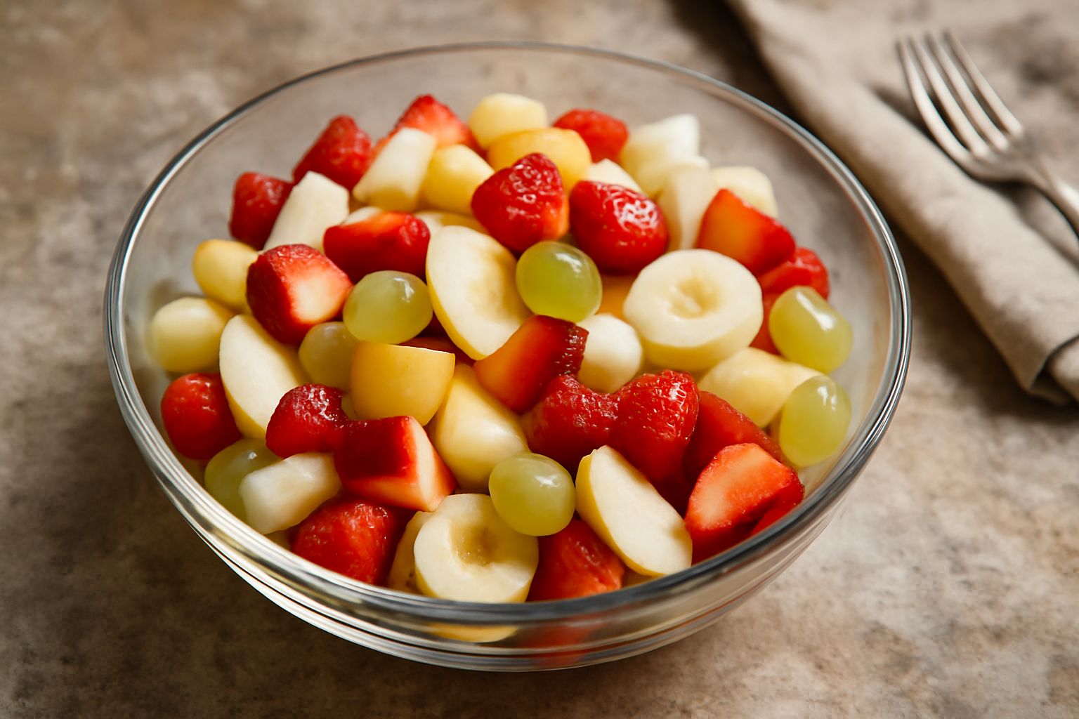 Insalata di frutta in una ciotola trasparente con mele rosse, pere gialle, uva bianca, fragole rosse e banane tagliate a fette, decorata con foglie di menta fresca
