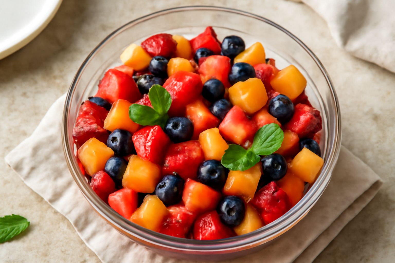 Insalata di frutta estiva in ciotola di vetro trasparente con melone tagliato a dadini color arancio, fragole rosse, pesche gialle, mirtilli blu scuro e foglie di menta verde, su tavolo bianco in luce