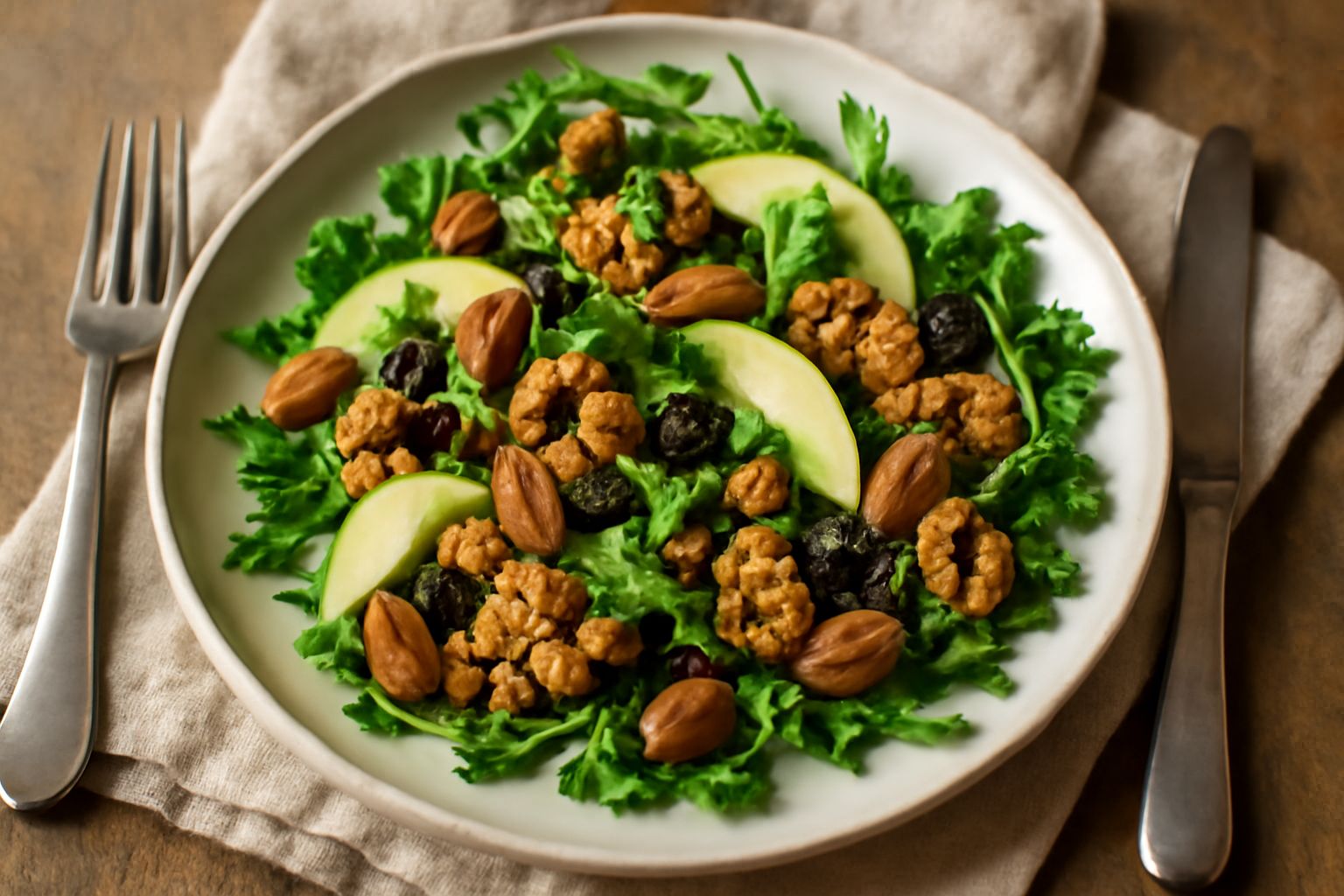 Insalata di frutta secca servita in una ciotola bianca, con mandorle intere, noci a spicchi, uvetta scura, fettine sottili di mela gialla e rucola verde brillante, condita con olio leggero che luccica