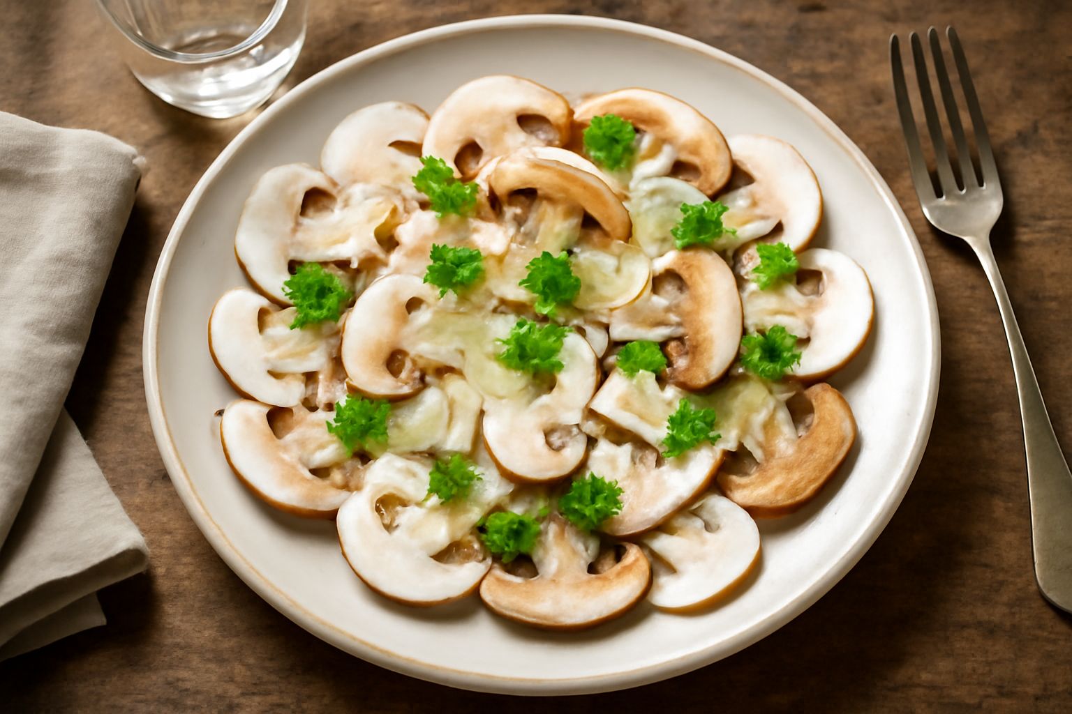 Piatto bianco con funghi champignon e porcini affettati sottili, drizzati d'olio d'oliva dorato, limone fresco, scaglie di parmigiano, prezzemolo verde, su fondo di lino color panna