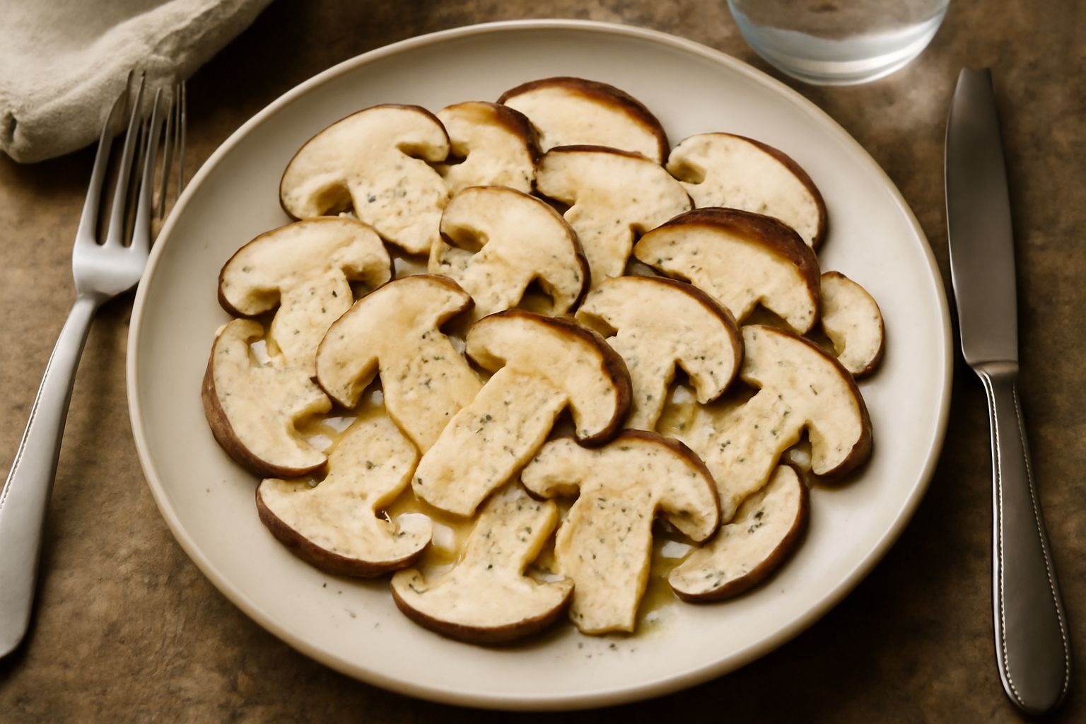 Piatto bianco con insalata di funghi porcini affettati sottili color beige e marrone, conditi con olio brillante, scaglie di parmigiano e prezzemolo fresco, limone a fettine sul bordo