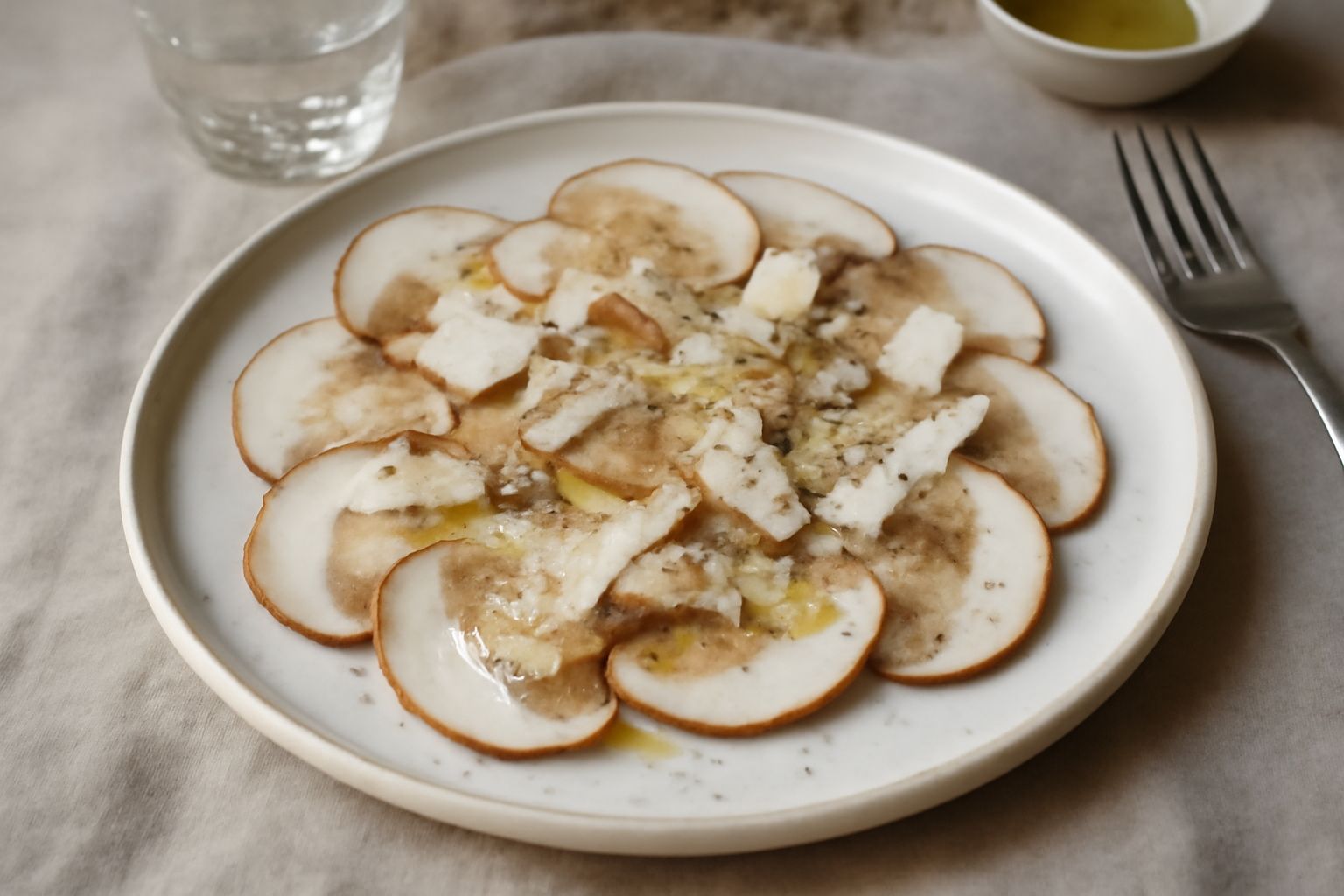 Insalata di funghi porcini crudi affettati finissimi, disposti a ventaglio in un piatto bianco, conditi con olio dorato, scaglie di parmigiano bianche e pepe nero, con una spruzzata di limone giallo