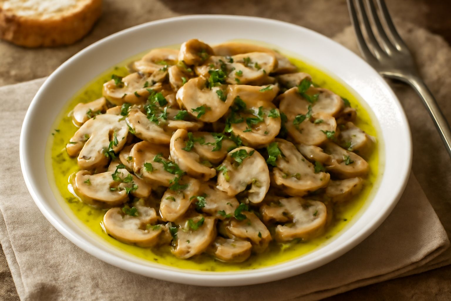 Insalata di funghi sott'olio in una ciotola di ceramica: funghi tagliati a fettine dorate, filetti di aglio e prezzemolo verde, ricoperti di olio trasparente, serviti freddi su piatto bianco con limon