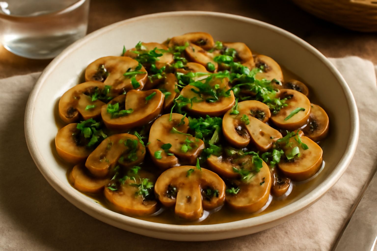 Insalata di funghi trifolati in ciotola bianca: funghi prataioli marrone scuro a fettine, cosparsi di prezzemolo verde brillante, con luccichio di olio extravergine, servita su tavolo di legno bianco
