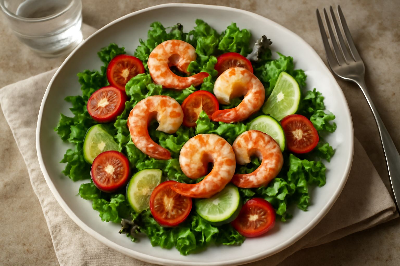 Insalata di gamberi in ciotola di ceramica bianca: gamberi rosa disposti su lettuga croccante, pomodori ciliegia rossi, cetriolo a fettine sottili, limone fresco. Olio d'oliva che brilla sulla superfi